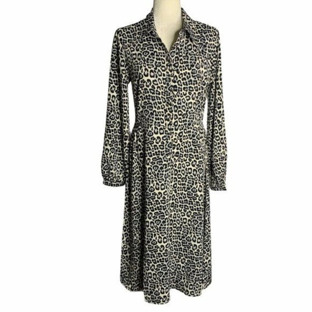Spirit of Grace Cheetah Print Shirt Dress M White Black Buttons Long Sleeve NEW